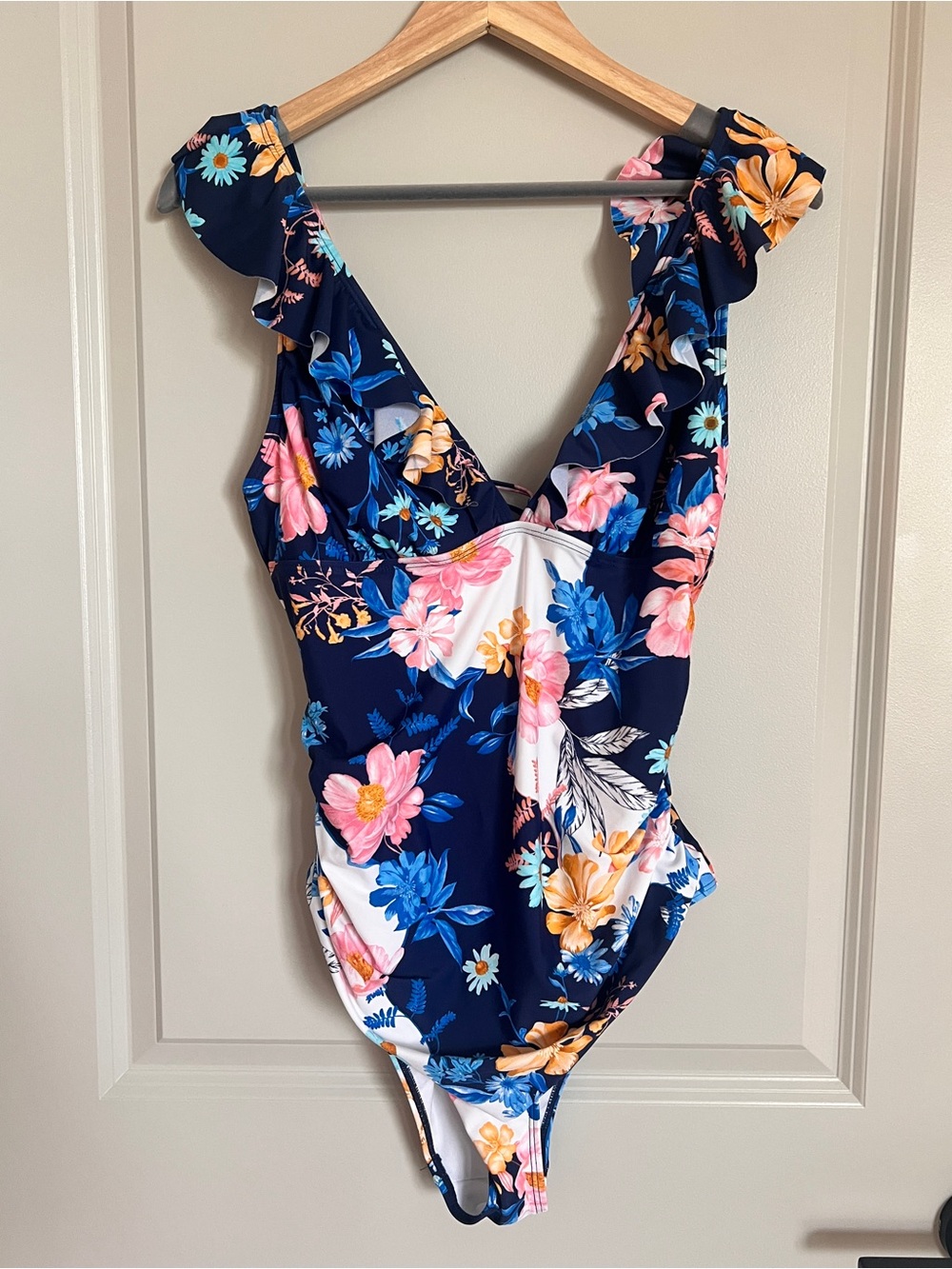 CUPSHE Floral Ruffle One-Piece Swimsuit - Navy Pink Blue